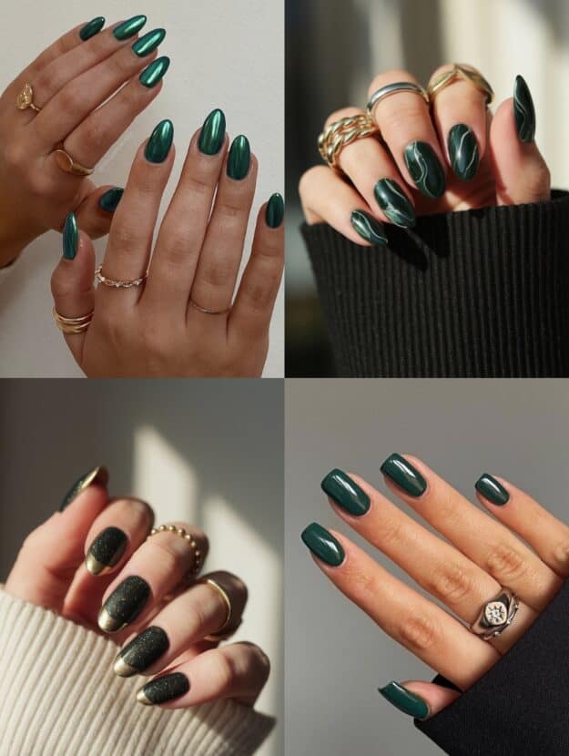 collage of four hands with dark green nail designs