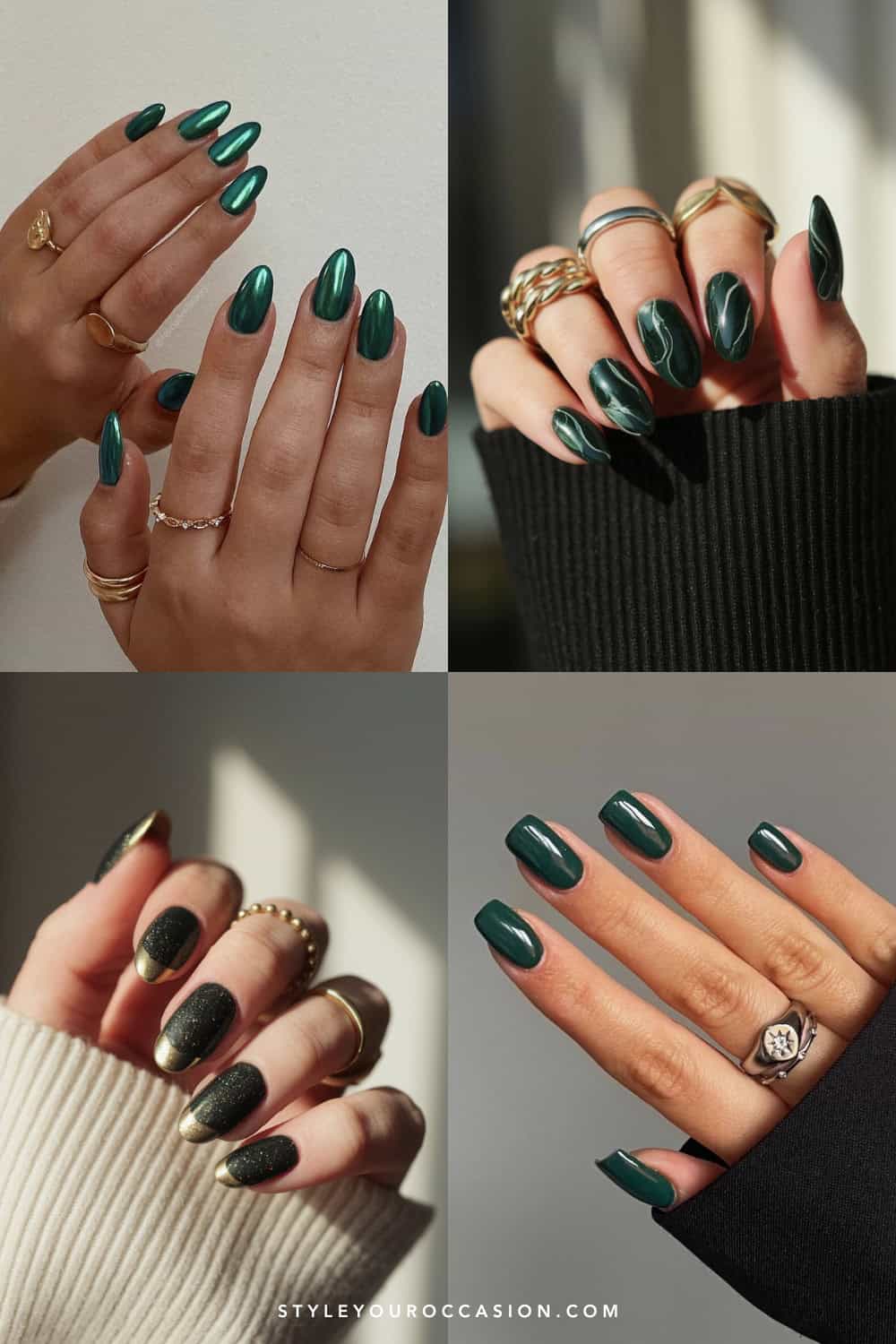 collage of four hands with dark green nail designs