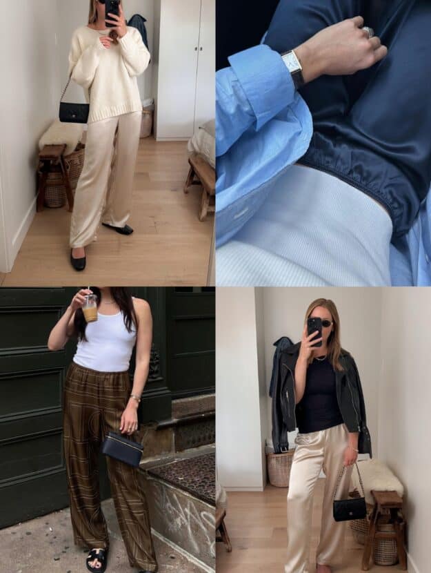 collage of women wearing stylish outfits with silk and satin pants