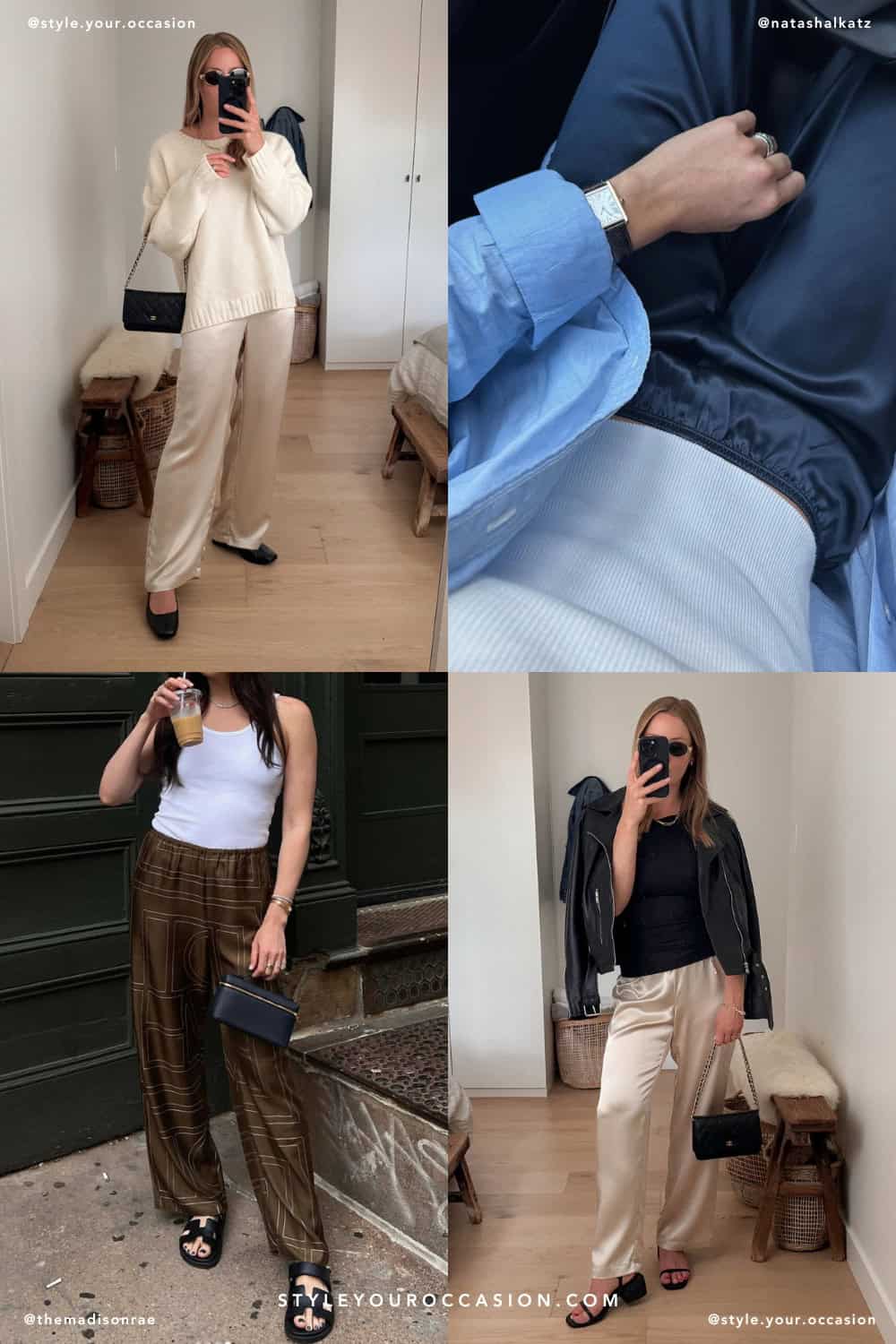 collage of women wearing stylish outfits with silk and satin pants