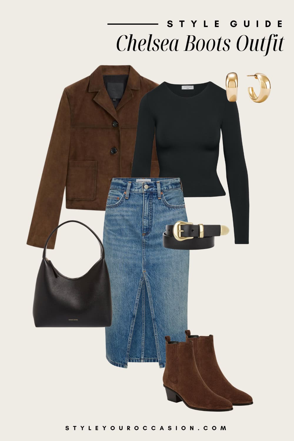 an image board featuring a black long sleeve tee, denim maxi skirt, brown suede jacket, and brown suede chelsea boots