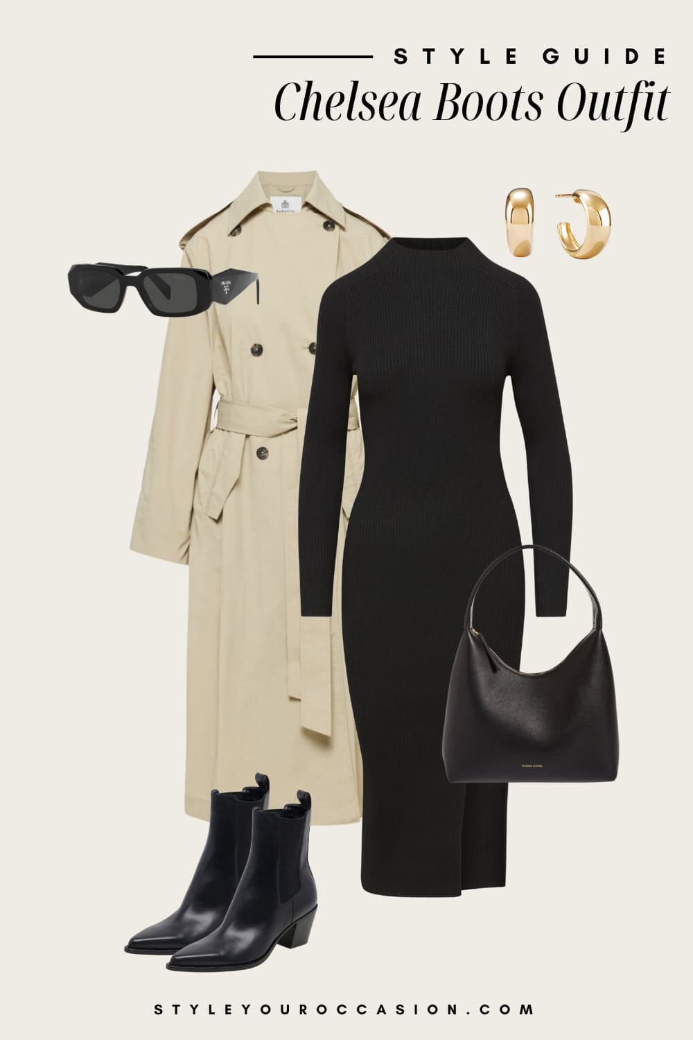 an image board featuring a black knit dress, a classic trench coat, and black leather chelsea boots