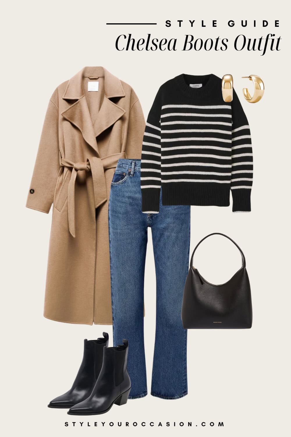 an image board featuring blue jeans, a striped sweater, beige trench coat, and black leather chelsea boots