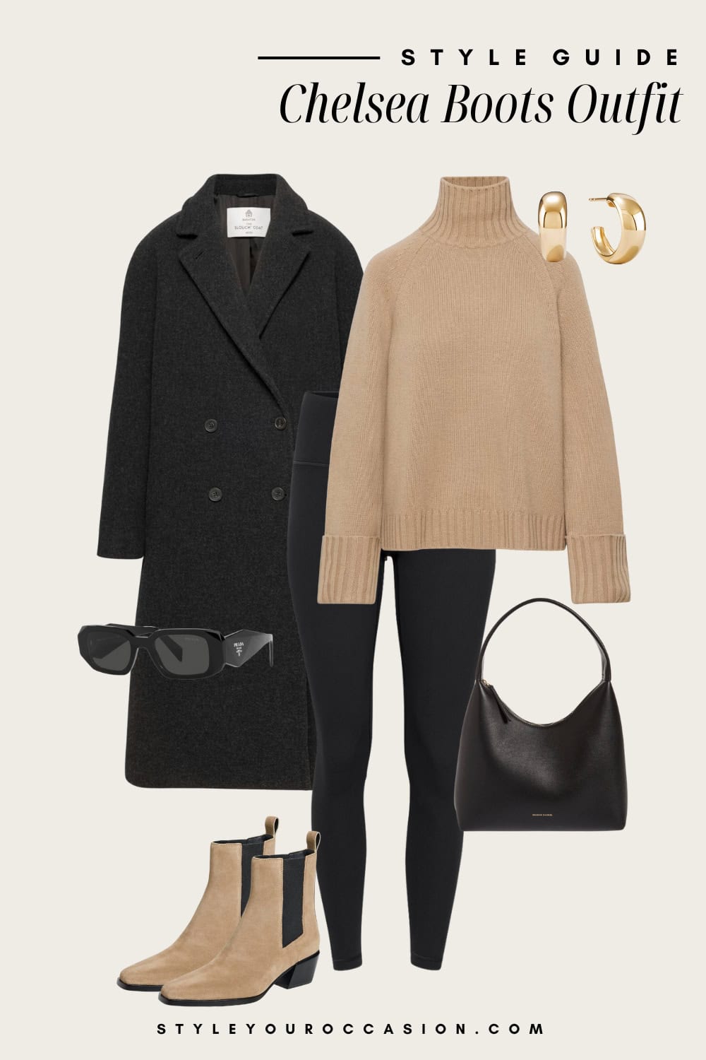 an image board featuring black leggings, a beige turtleneck, black wool coat, and beige suede chelsea boots