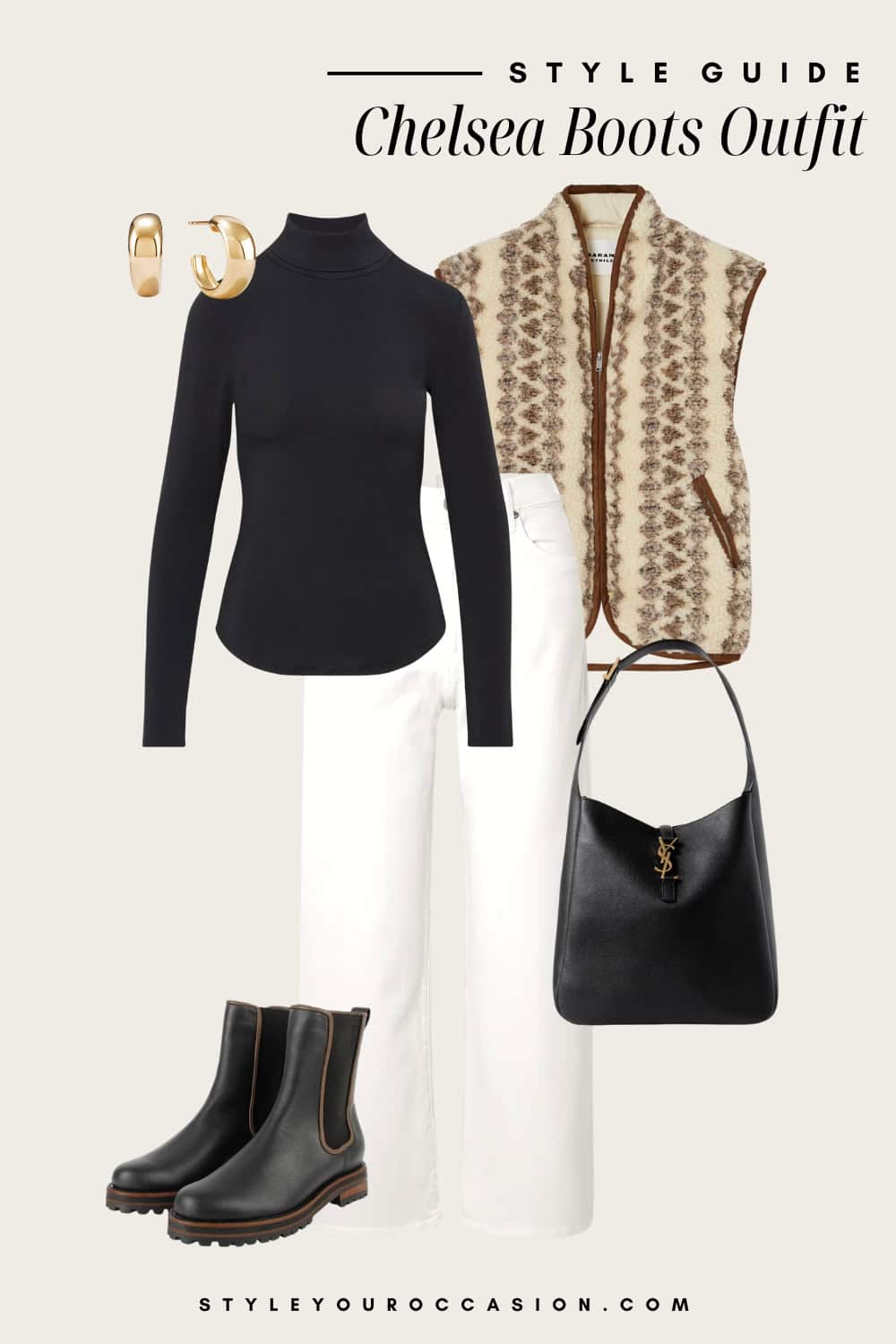 an image board featuring white jeans, black turtleneck tee, and patterned vest, and black chelsea boots