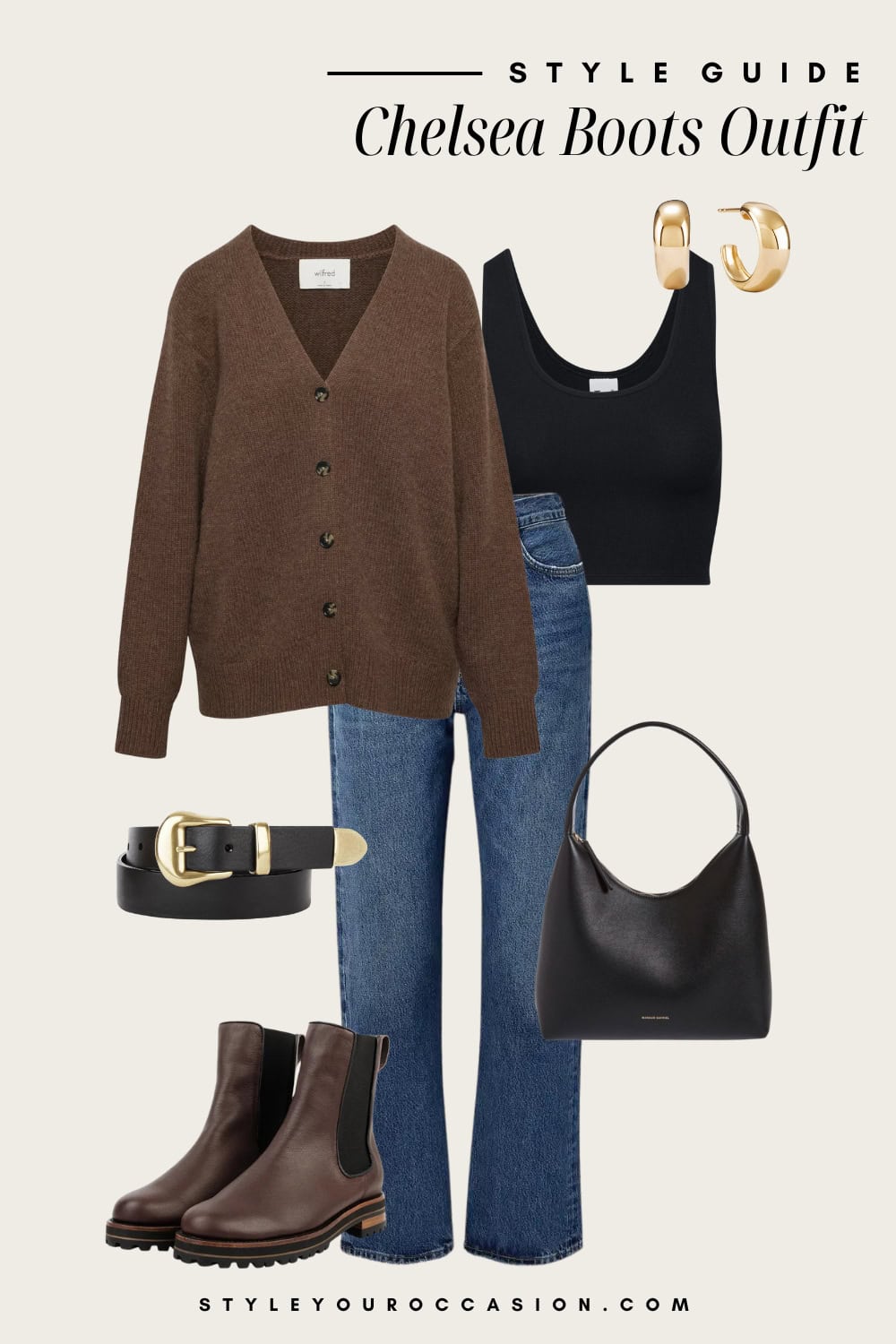 an image board featuring blue jeans, a black tank, brown cardigan, and brown leather chelsea boots