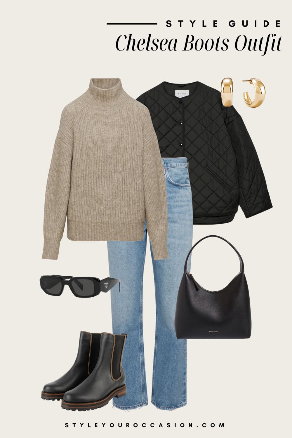 an image board featuring blue jeans, a beige turtleneck sweater, a quilted black coat, and black chelsea boots