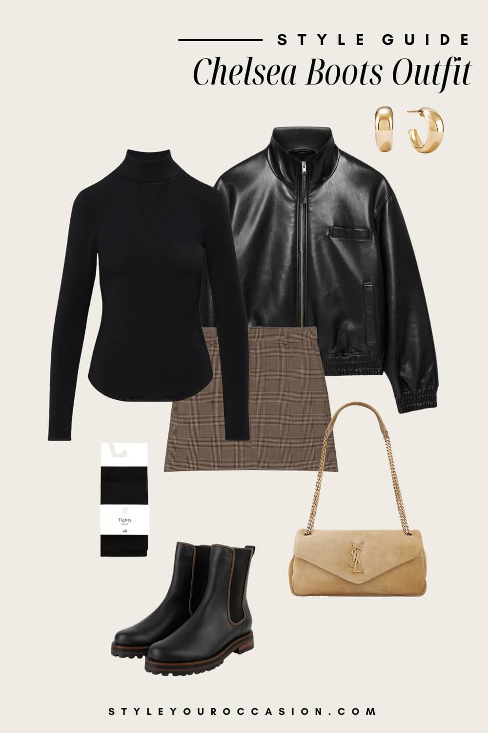 an image board featuring a black turtleneck shirt, brown skirt, black leather jacket, and black chelsea boots