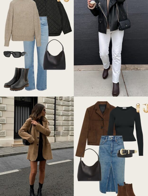 collage of four images of outfits with Chelsea boots