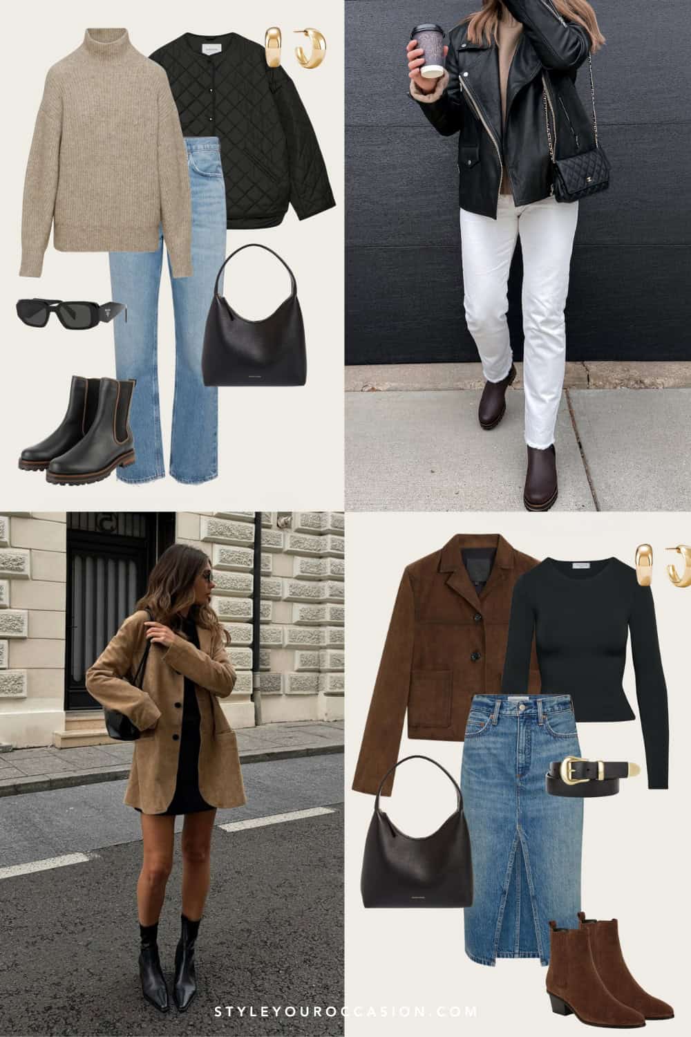 collage of four images of outfits with Chelsea boots