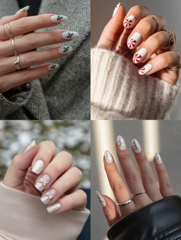 collage of four hands with beautiful white Christmas nail designs