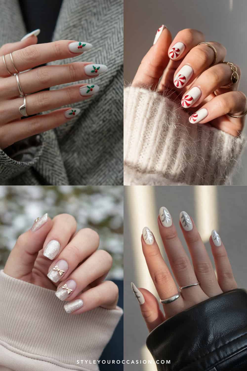 collage of four hands with beautiful white Christmas nail designs