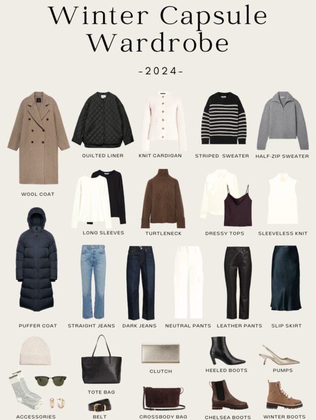 collage of a winter capsule wardrobe with chic and stylish neutral clothing, shoes, and accessories