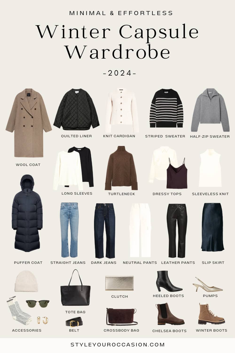 collage of a winter capsule wardrobe with chic and stylish neutral clothing, shoes, and accessories