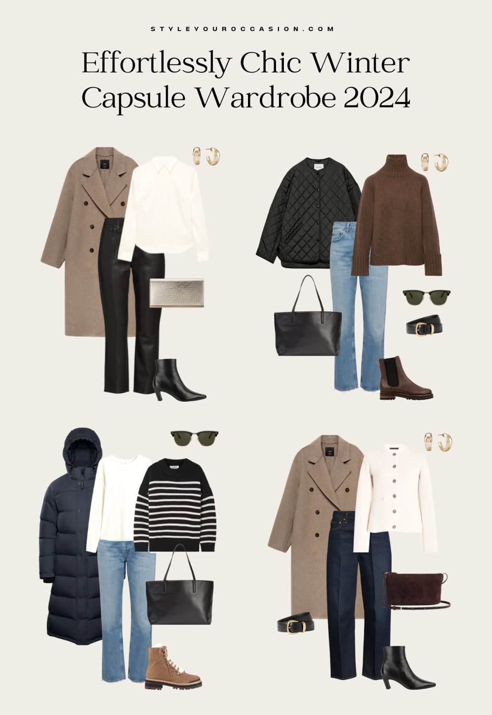 collage of four winter capsule wardrobe outfits with chic and stylish neutral clothing, shoes, and accessories