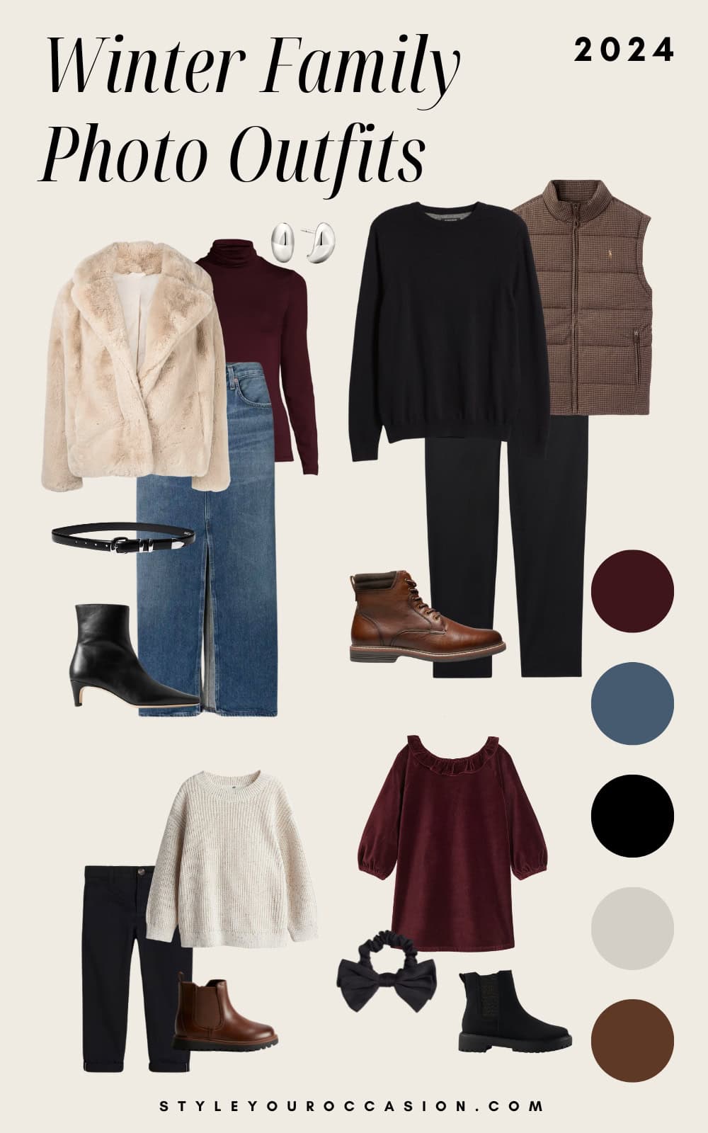 an image board of winter family photo outfits featuring burgundy, navy, and neutral tones