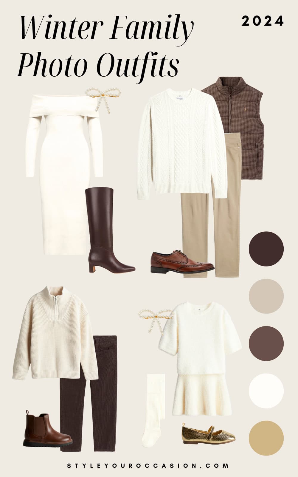 an image board of winter family photo outfits featuring ivory, cream, and shades of brown