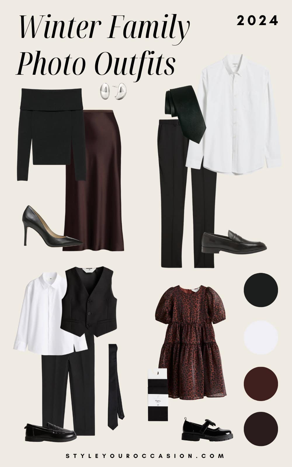 an image board of winter family photo outfits featuring black, white, brown, and burgundy pieces