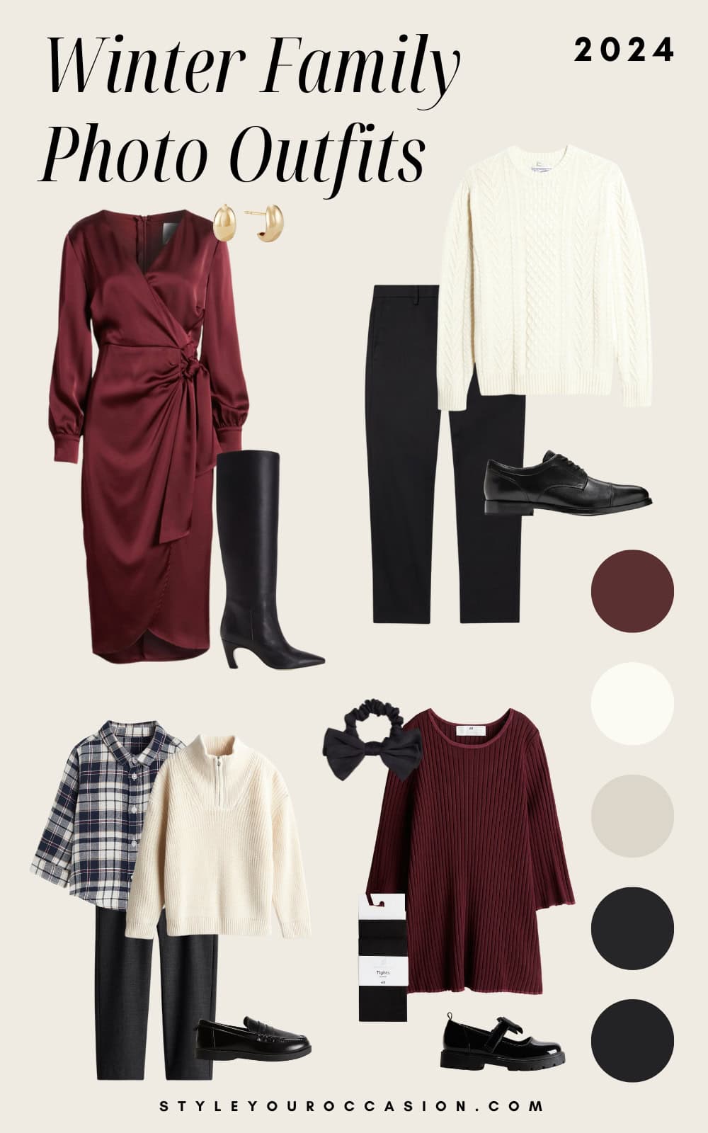 an image board of winter family photo outfits featuring red, grey, ivory, and black tones