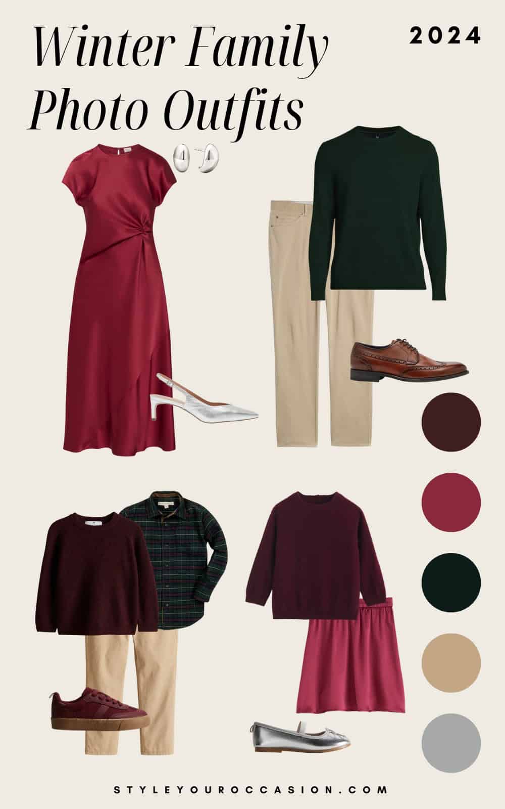 an image board of winter family photo outfits featuring red and brown tones with neutral accents