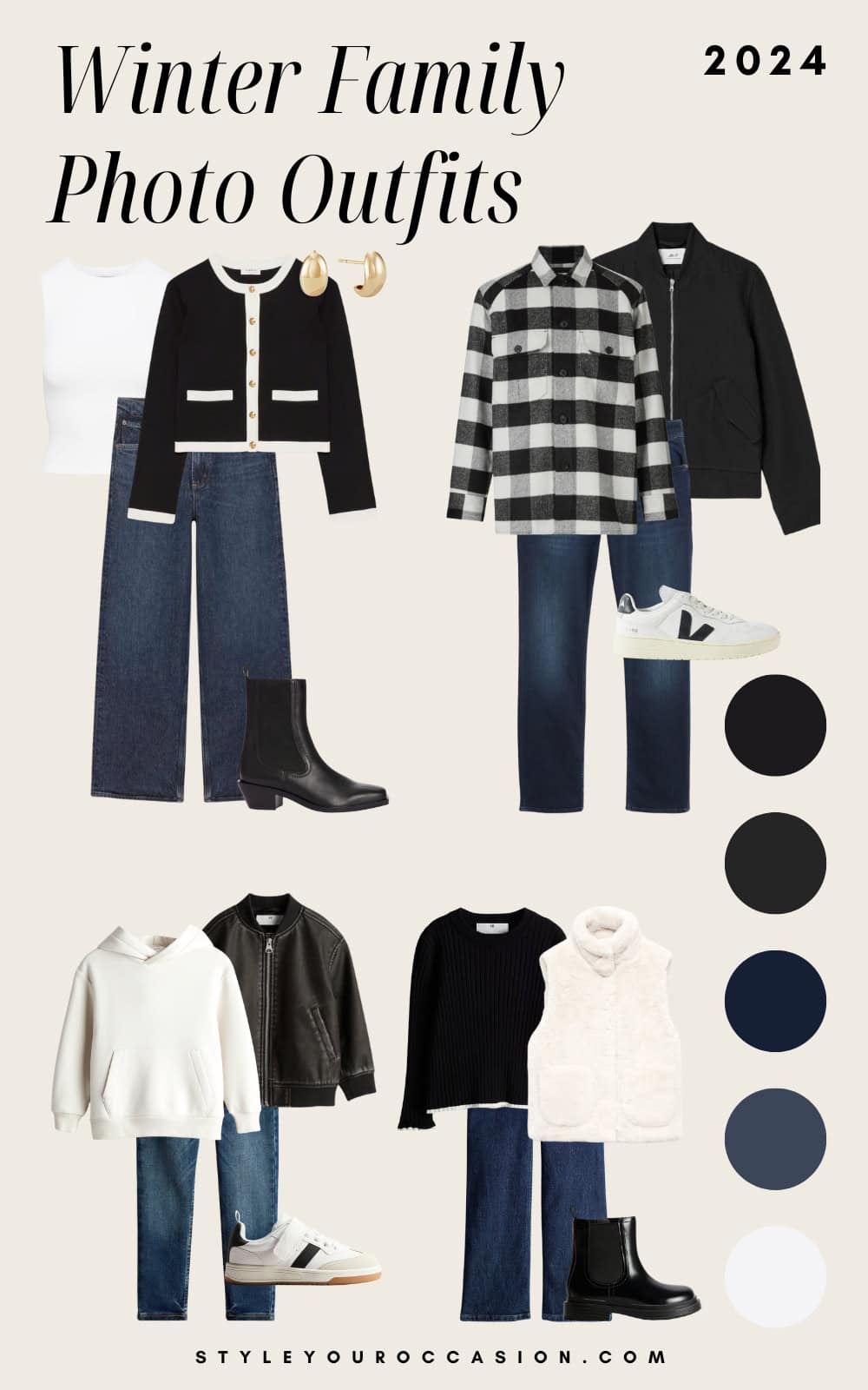 an image board of winter family photo outfits featuring denim and navy tones with black and white accents