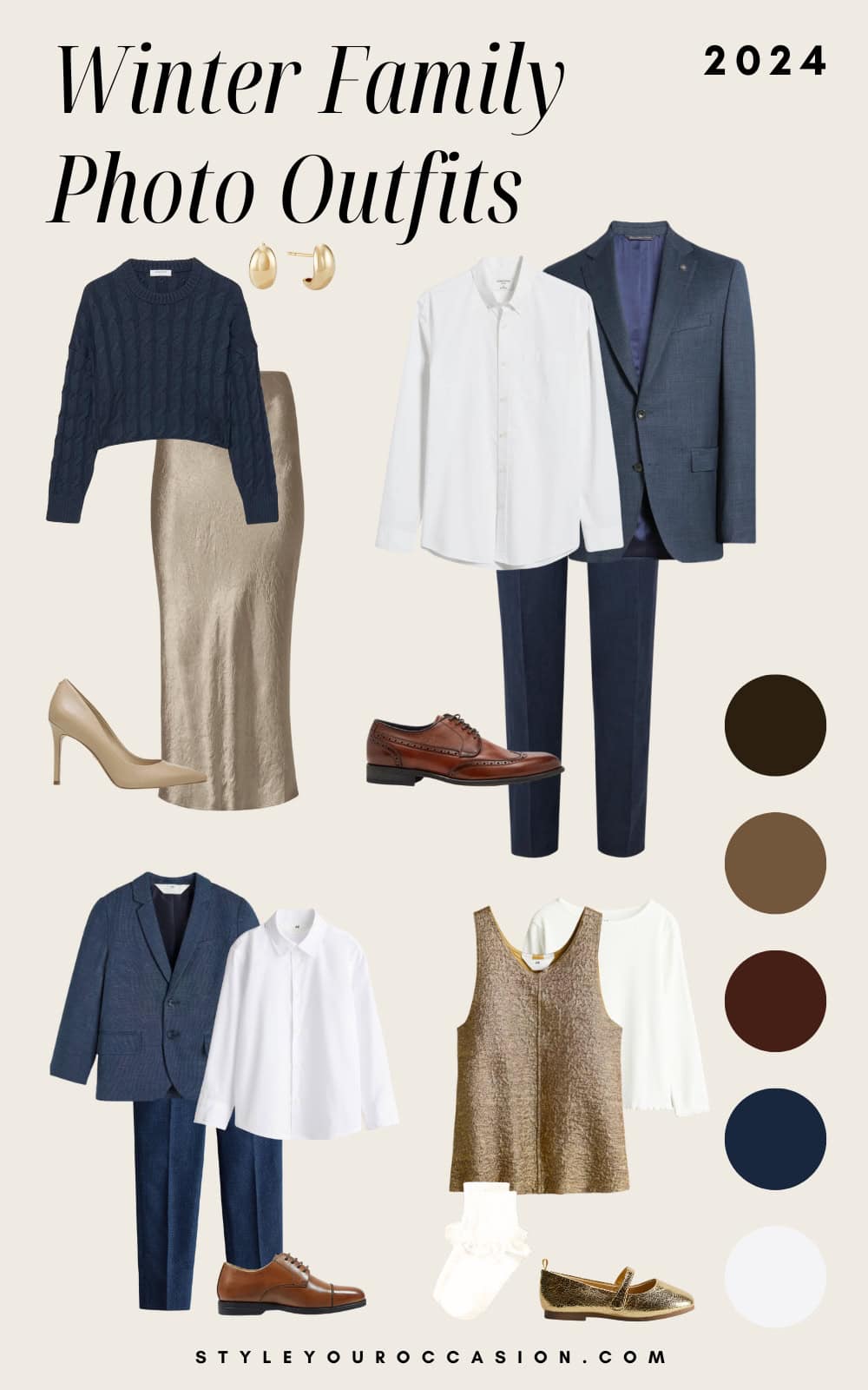 an image board of winter family photo outfits featuring gold and navy tones with white accents