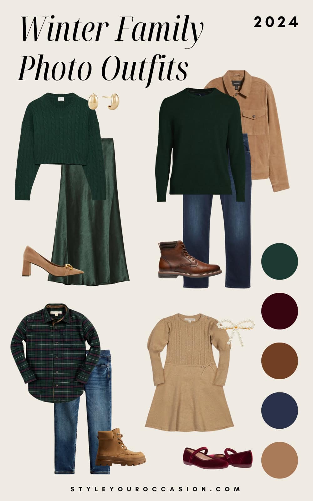 an image board of winter family photo outfits featuring green, brown, and burgundy tones with denim accents