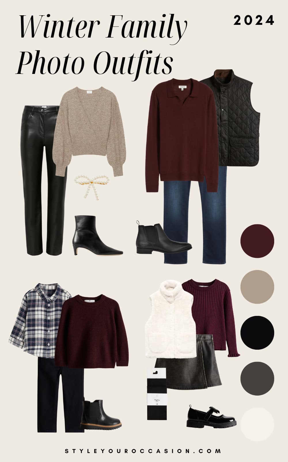 an image board of winter family photo outfits featuring black leather and burgundy accents