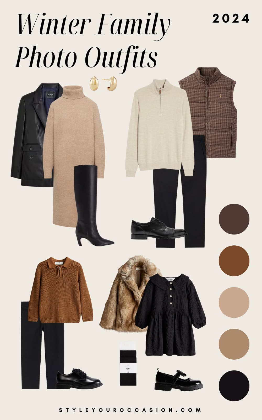 an image board of winter family photo outfits featuring shades of brown with black accents