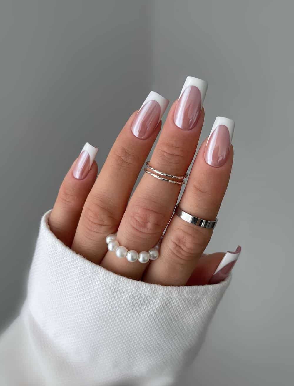 long square chrome nails with white tips