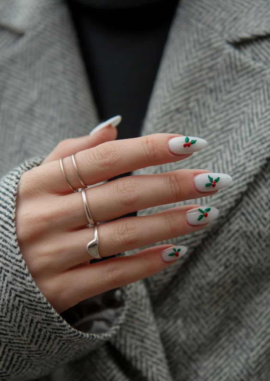 long milky white almond nails with holly berry nail art