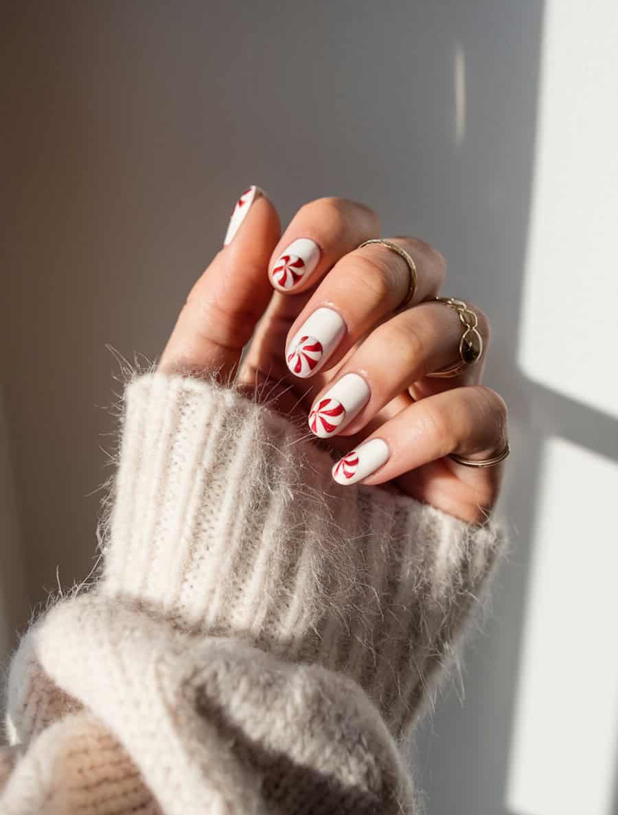 short round white nails with peppermint rounds at the tip