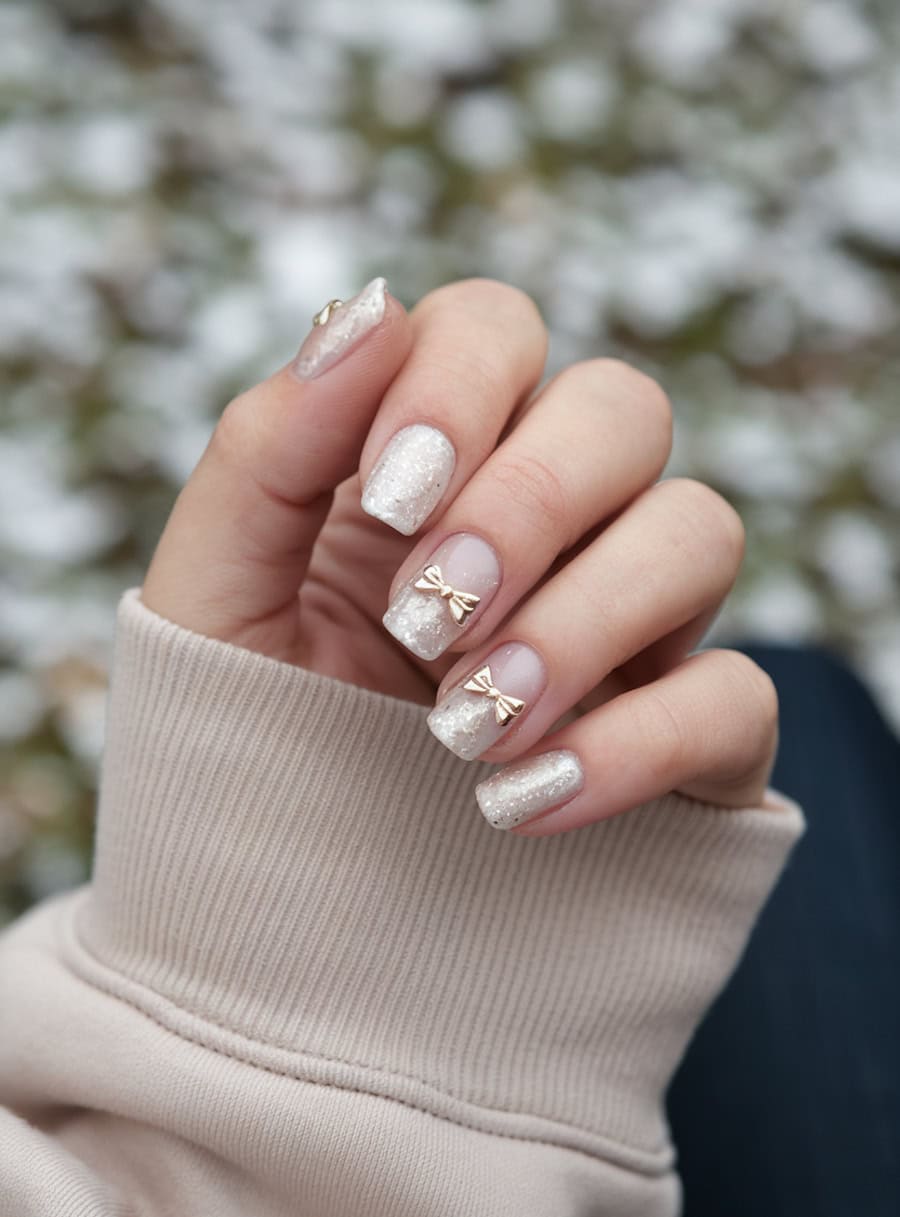 short square nails with white glitter base coats and gold bow charms