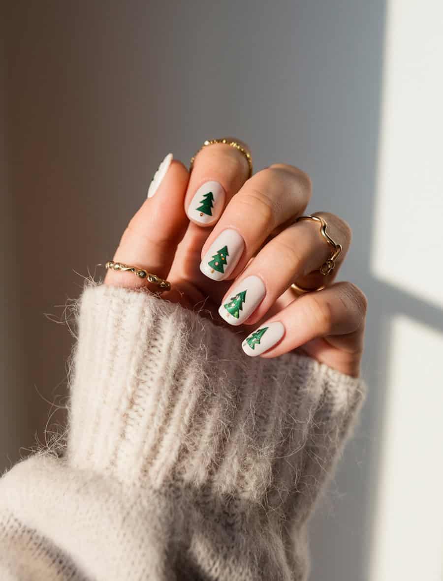 short white nails with green christmas trees