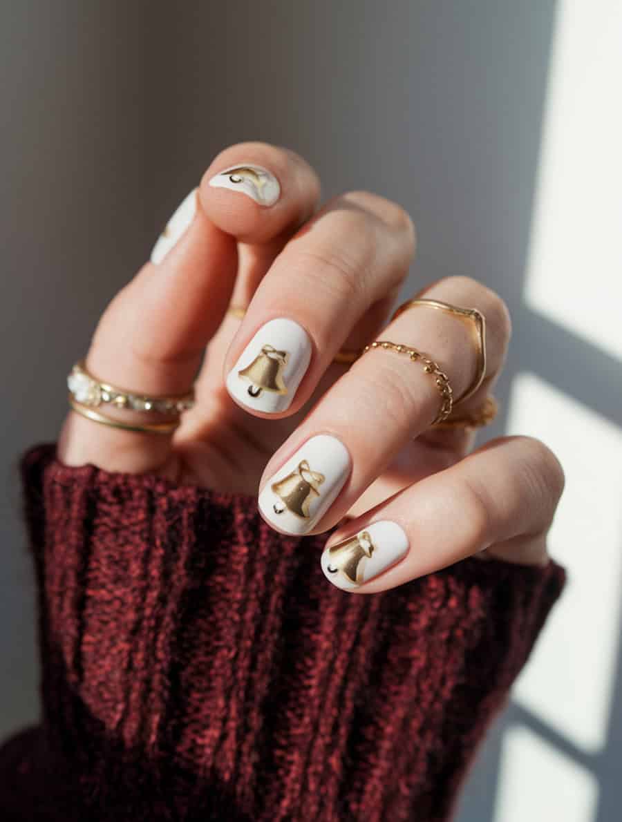 short white nails with golden bells