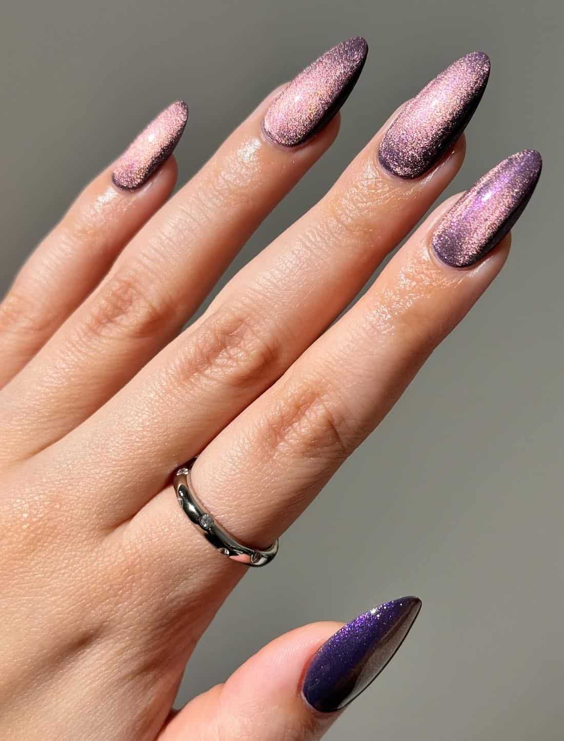 long almond purple magnetic chrome nails