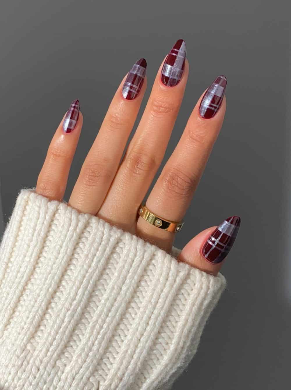 Burgundy plaid December nails