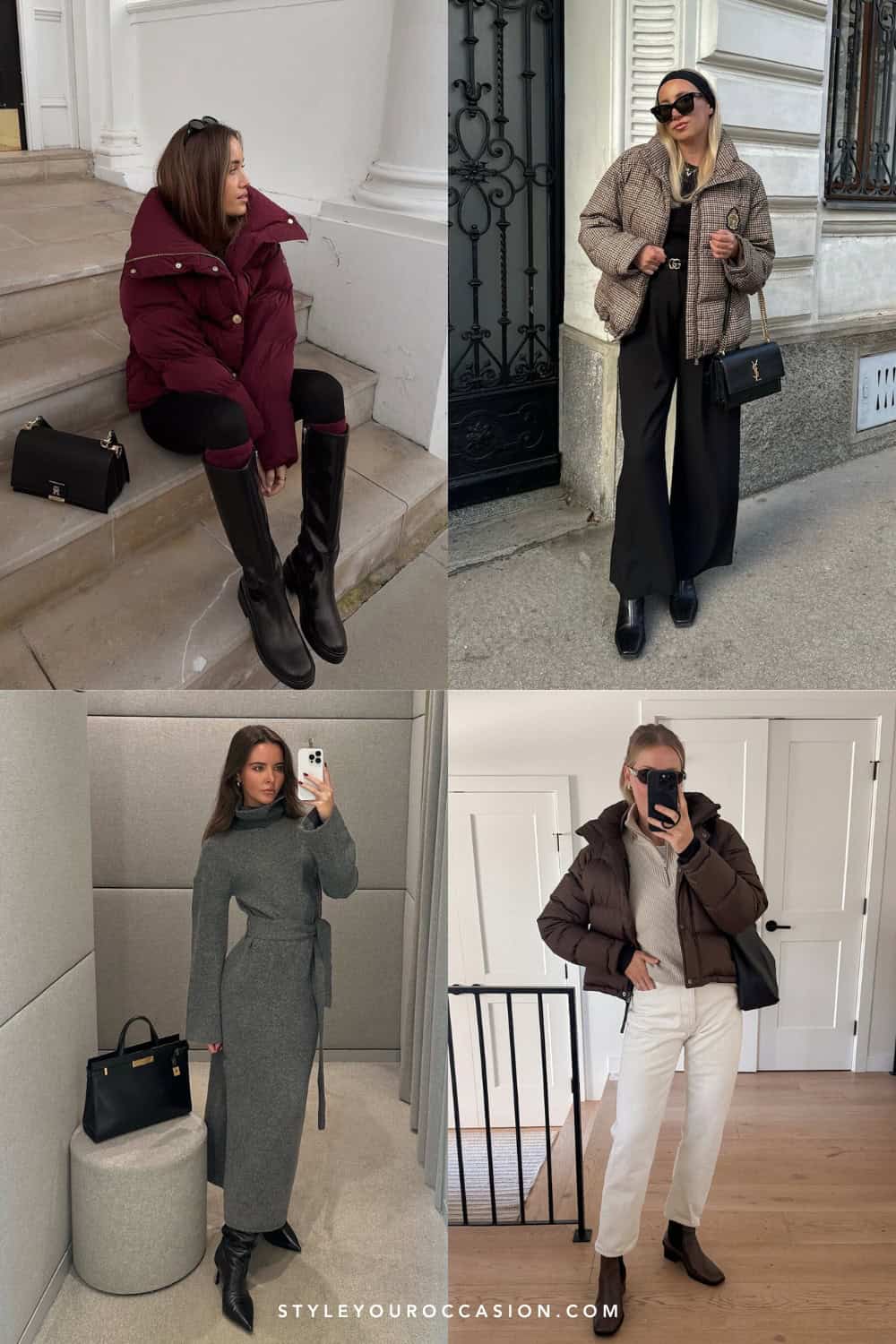 collage of women wearing stylish outfits with winter boots