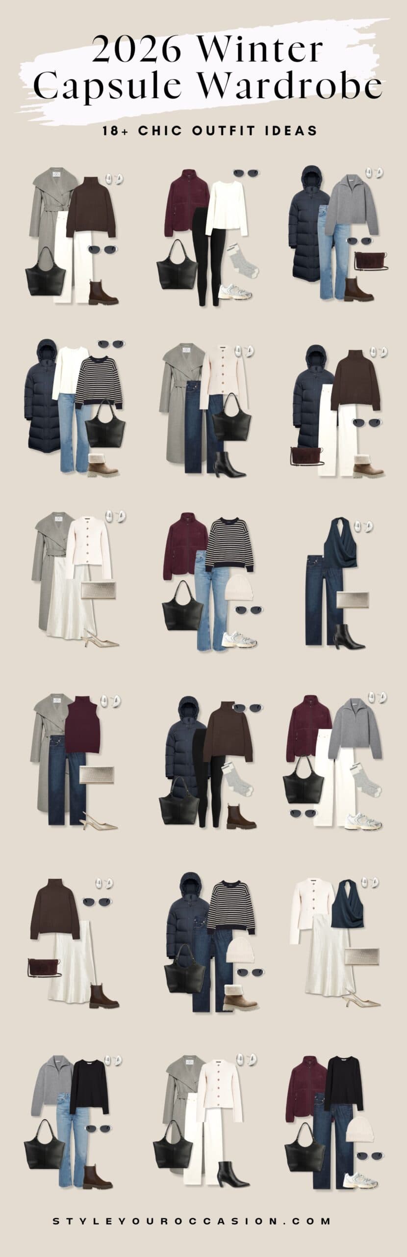 A collage of 18 stylish outfits from the 2026 winter capsule wardrobe pieces