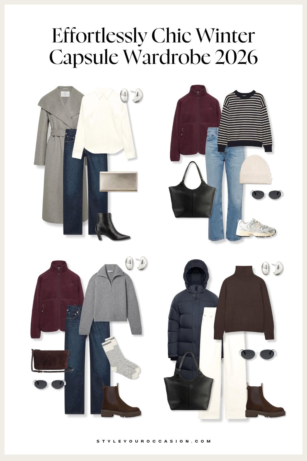 a collage of four unique and stylish outfits from the 2026 winter capsule wardrobe
