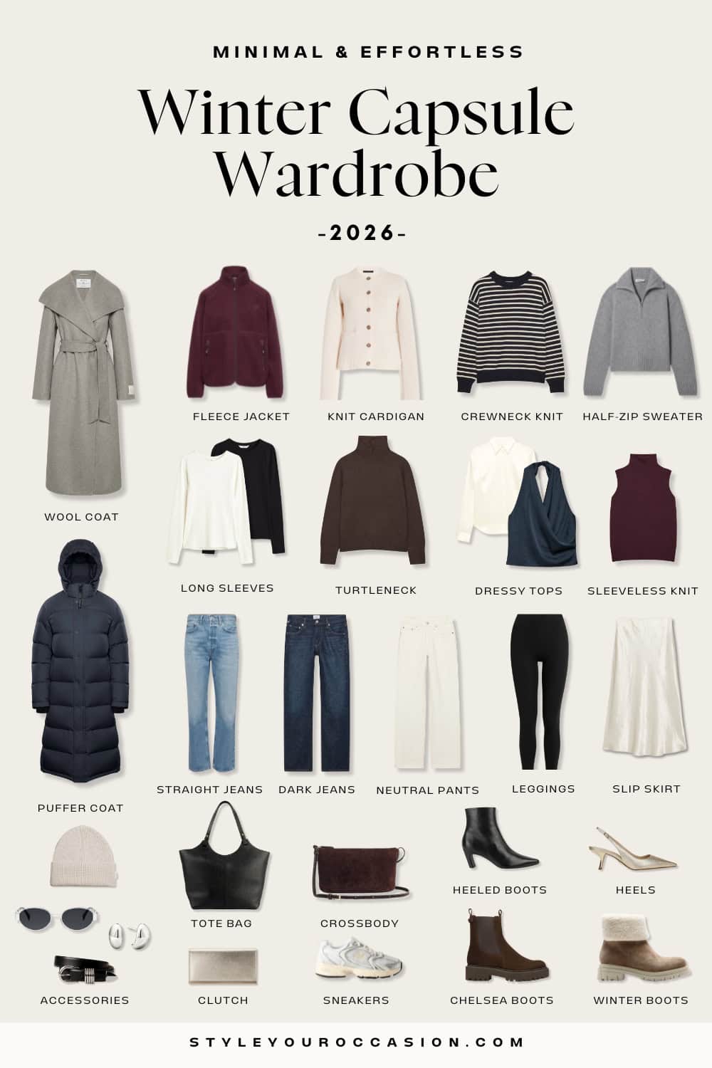 collage of a neutral and elevated winter capsule wardrobe with coats, jackets, sweaters, pants, shoes, and accessories
