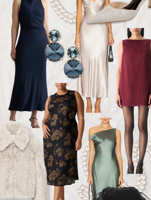 an editorial collage with winter wedding guest dresses, accessories, and shoes