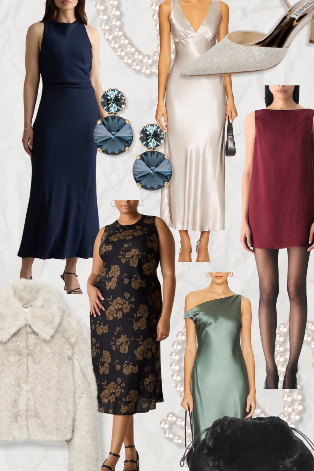 an editorial collage with winter wedding guest dresses, accessories, and shoes