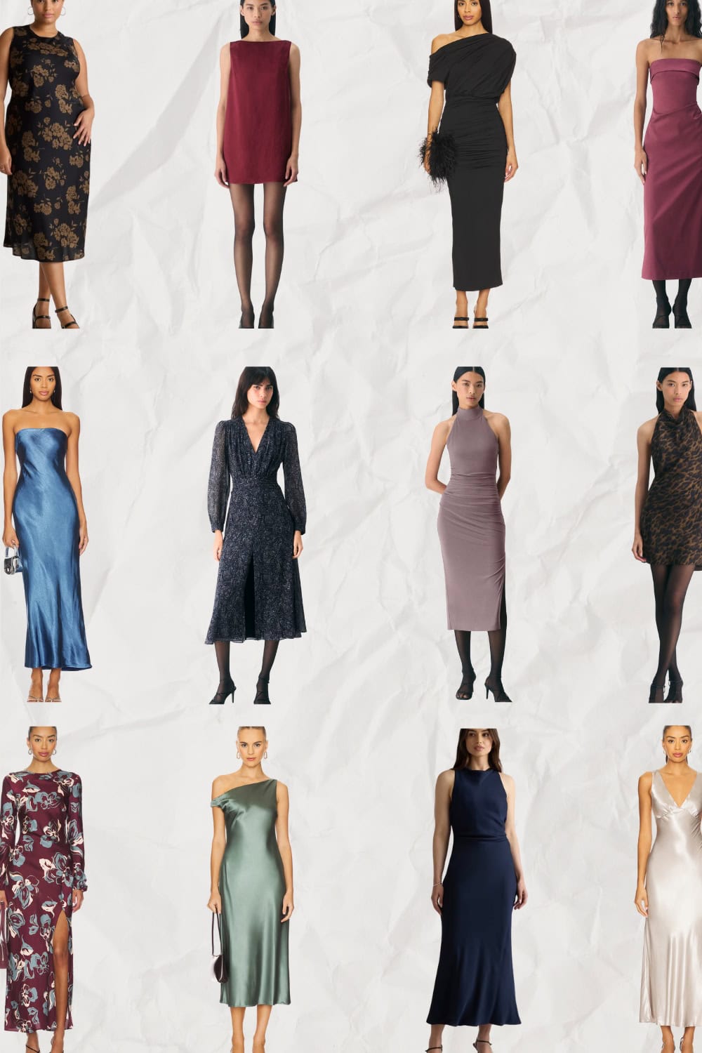collage of 12 stunning and elegant winter wedding guest dresses