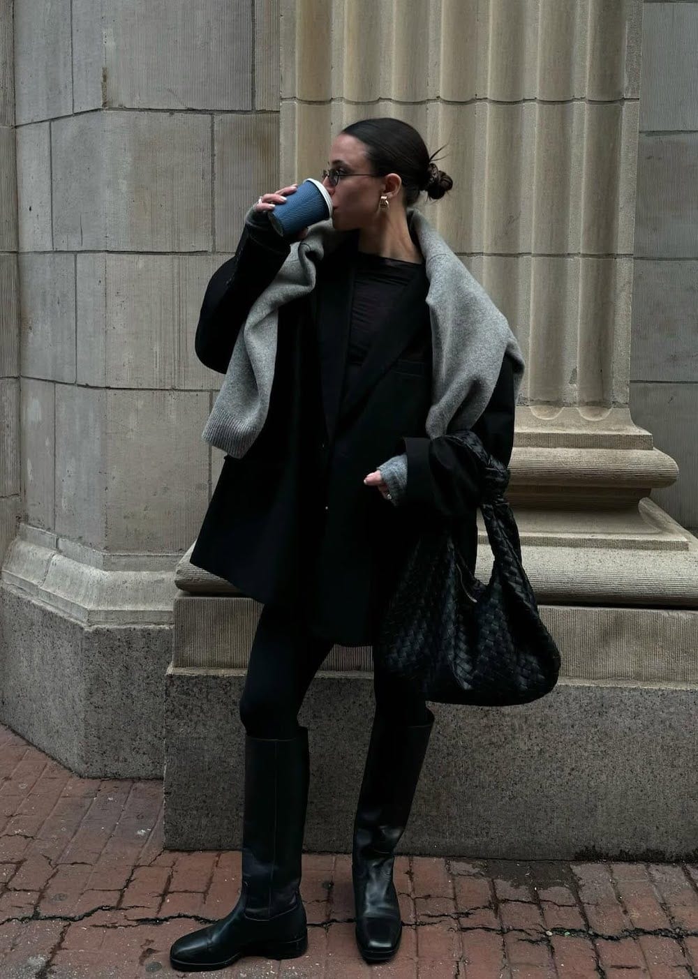 winter boots outfit with tall boots and oversized blazer