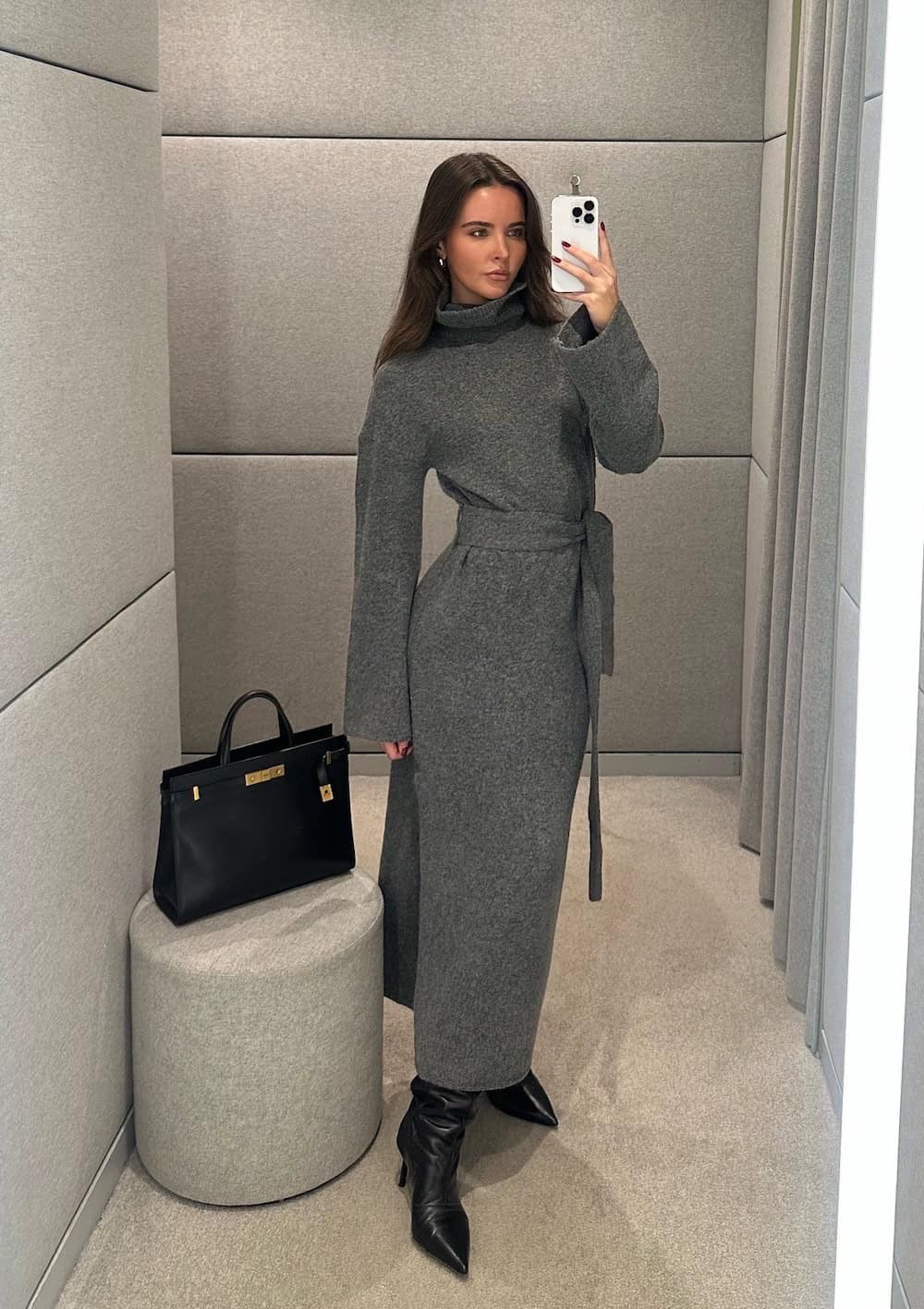 winter boots outfit with a knit dress and black leather boots