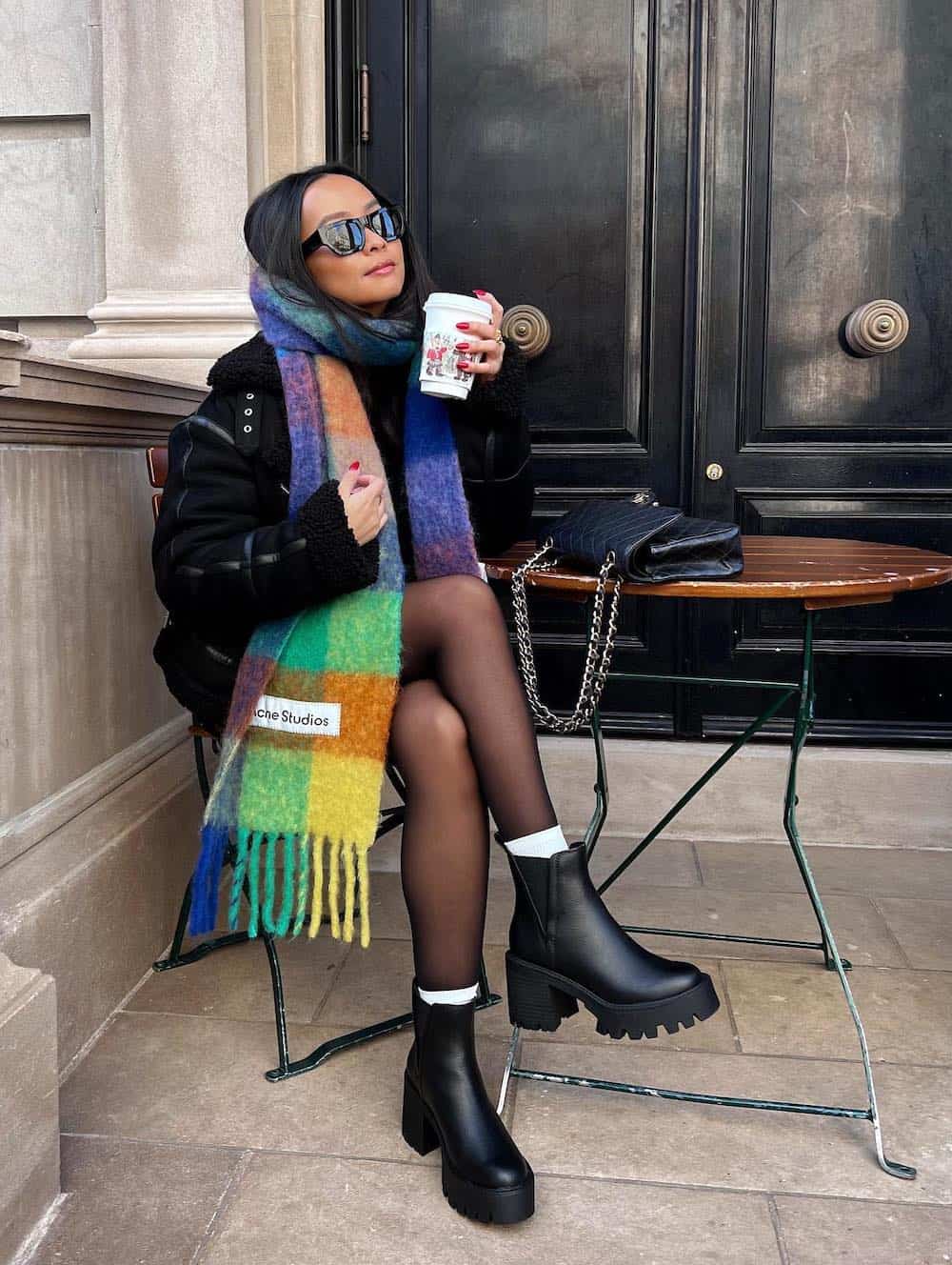winter boots outfit with ankle boots and colorful scarf