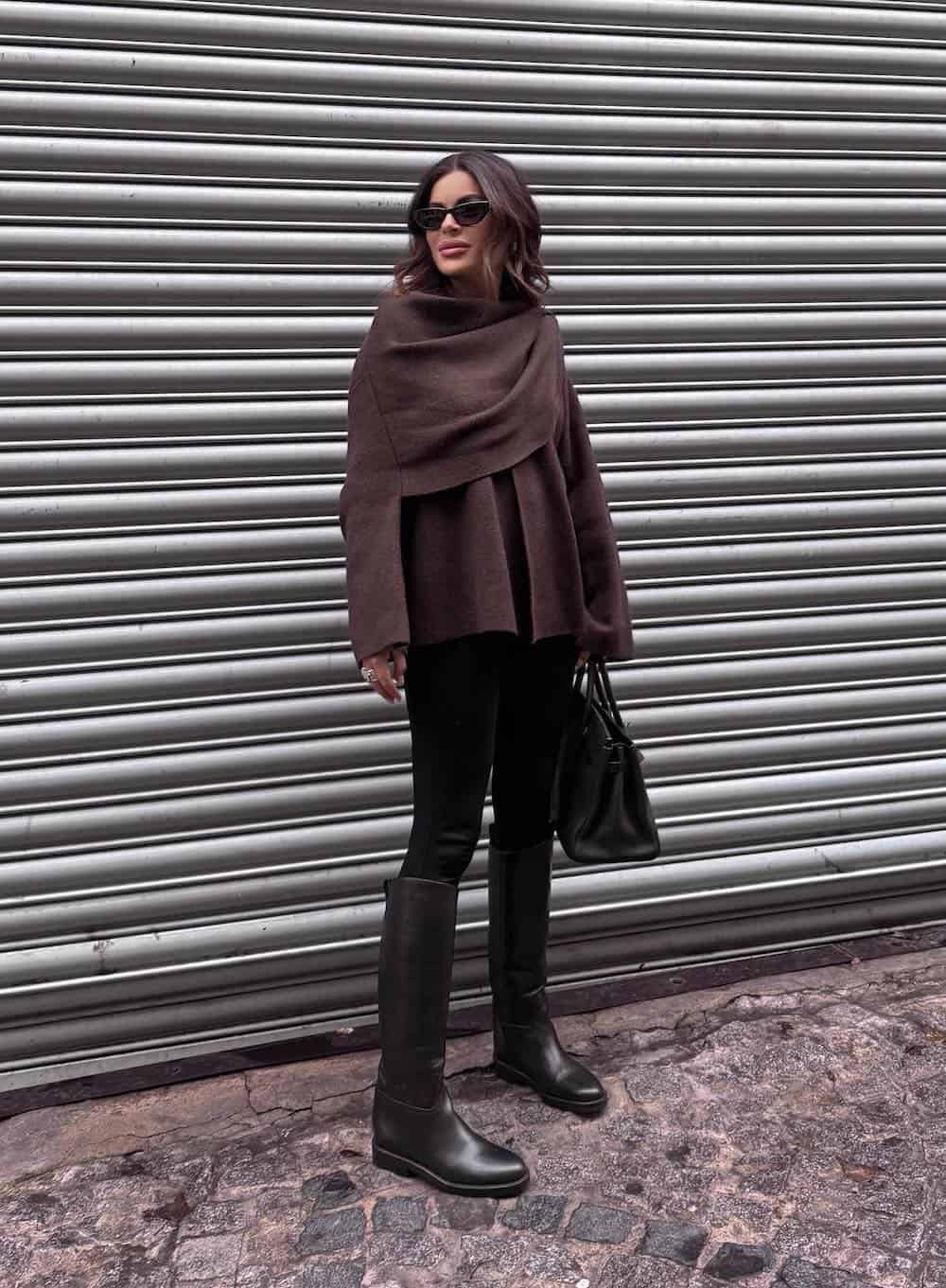 winter boots outfit with tall leather boots and scarf jacket